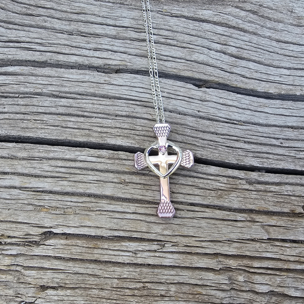 Silver and Pink Cross Pendant Necklace